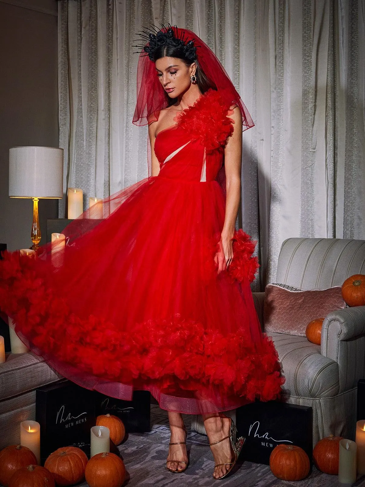 Ghslaine One Shoulder Tulle Midi Dress sold by Mew Mews product image thumbnail 5