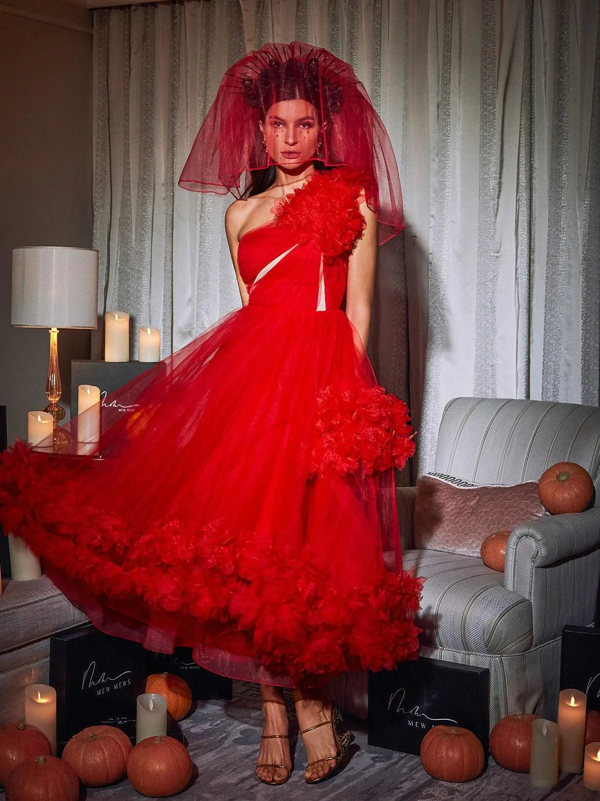 Ghslaine One Shoulder Tulle Midi Dress sold by Mew Mews product image thumbnail 3