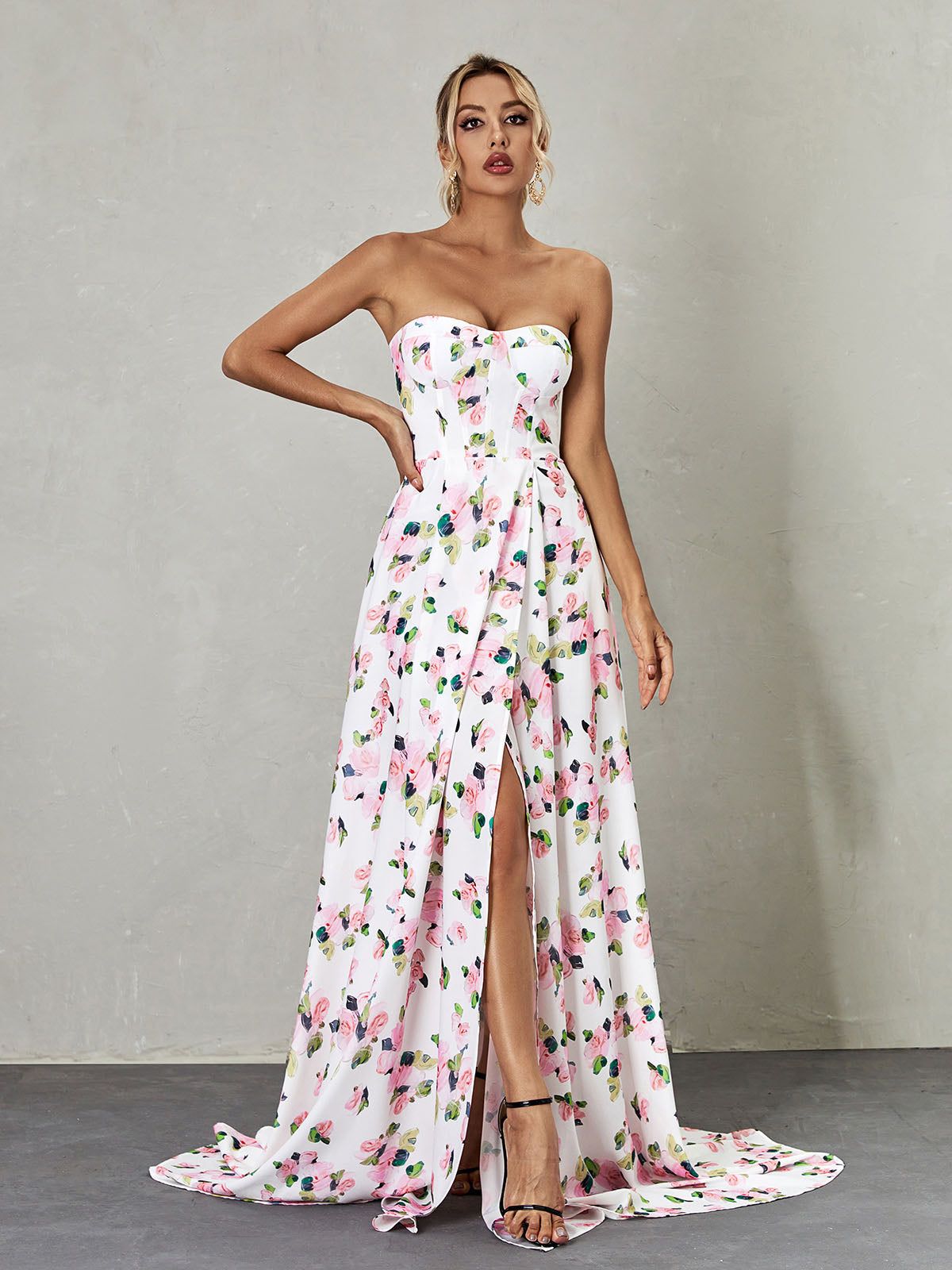 Kizzy Strapless Floral Split Maxi Dress sold by Mew Mews