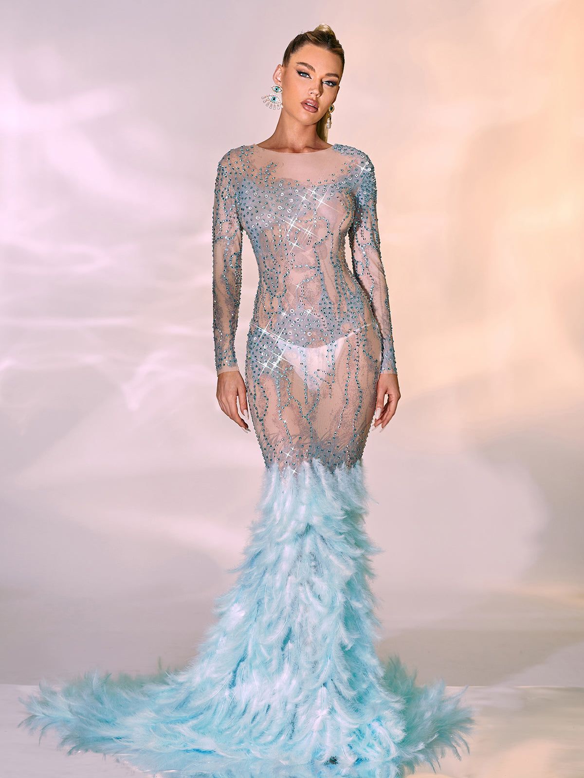 Briar Long Sleeve Rhinestone Feather Maxi Dress sold by Mew Mews product image thumbnail 4