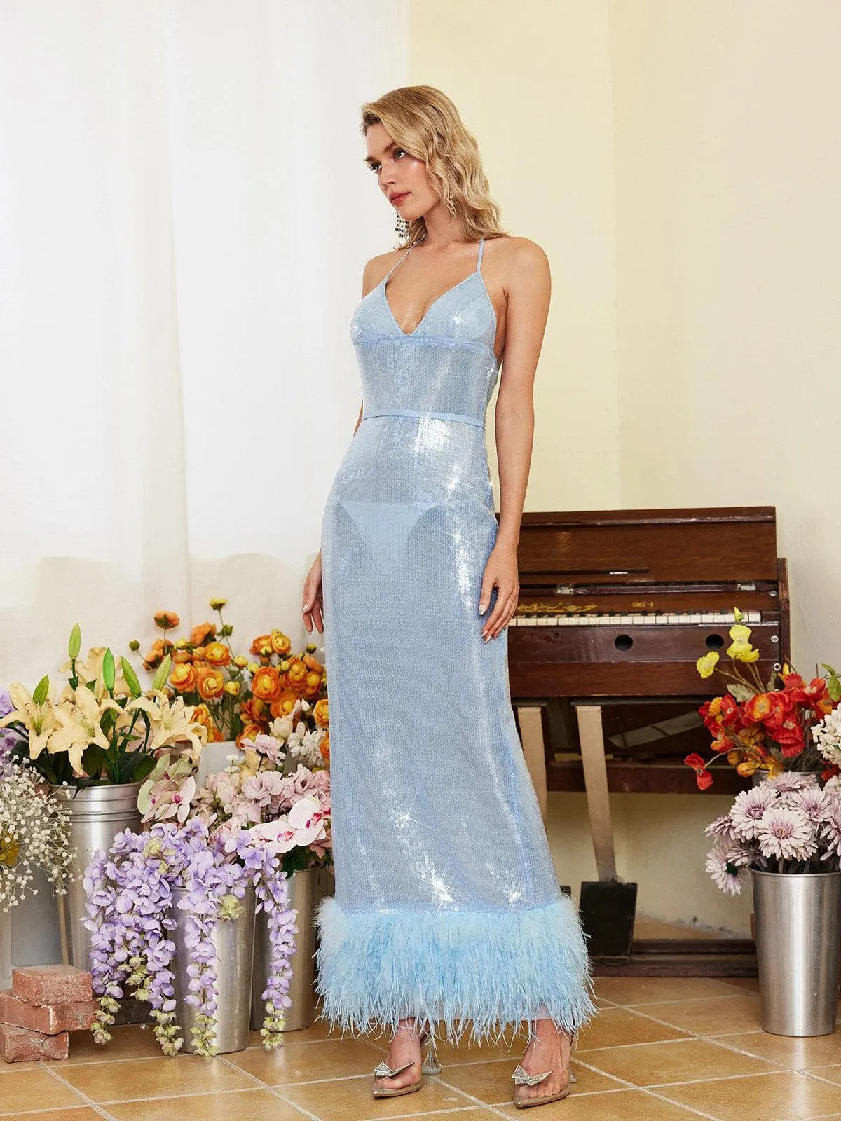 Beck Backless Feather Trimmed Sequin Dress sold by Mew Mews product image thumbnail 5