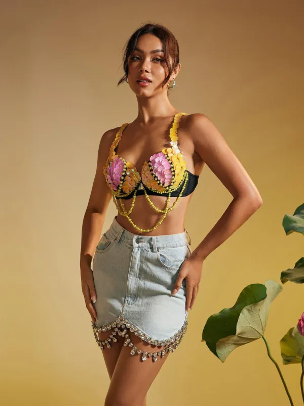Leonie Seashell Rhinestone Draped Crop Top made by Mew Mews