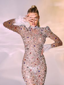 Celia Long Sleeve Embellished Feather Maxi Dress sold by Mew Mews