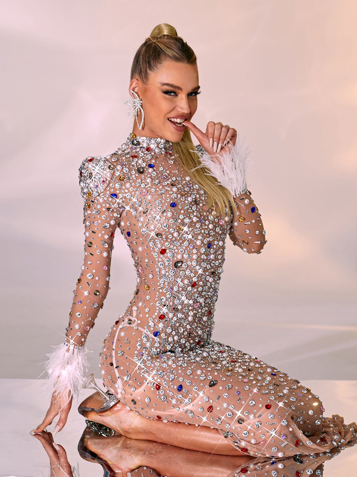 Celia Long Sleeve Embellished Feather Maxi Dress sold by Mew Mews