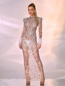 Celia Long Sleeve Embellished Feather Maxi Dress sold by Mew Mews