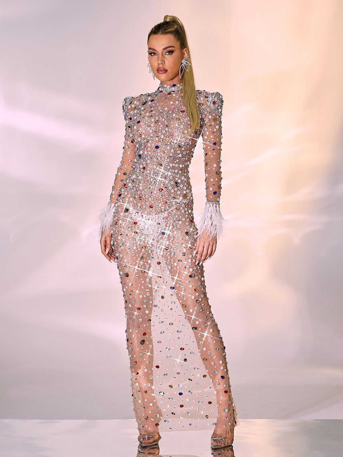 Celia Long Sleeve Embellished Feather Maxi Dress sold by Mew Mews product image thumbnail 5