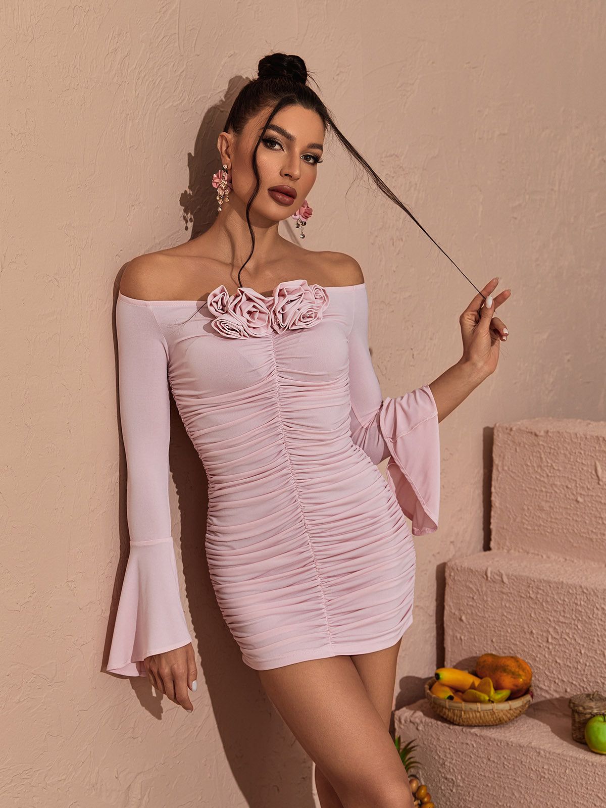 Yara Off Shoulder Rose Ruched Mini Dress sold by Mew Mews product image thumbnail 2