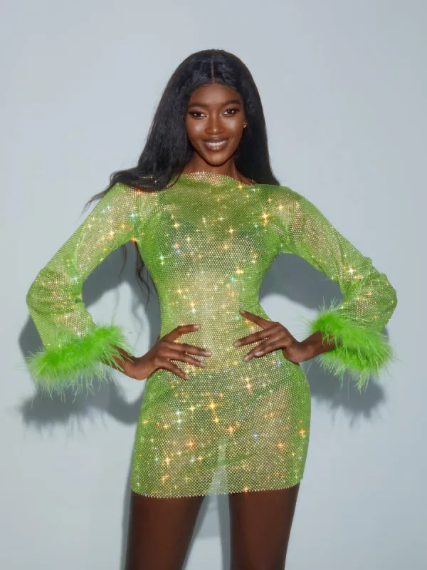 Aliyah Mesh Diamond Feather Mini Dress In Green sold by Mew Mews