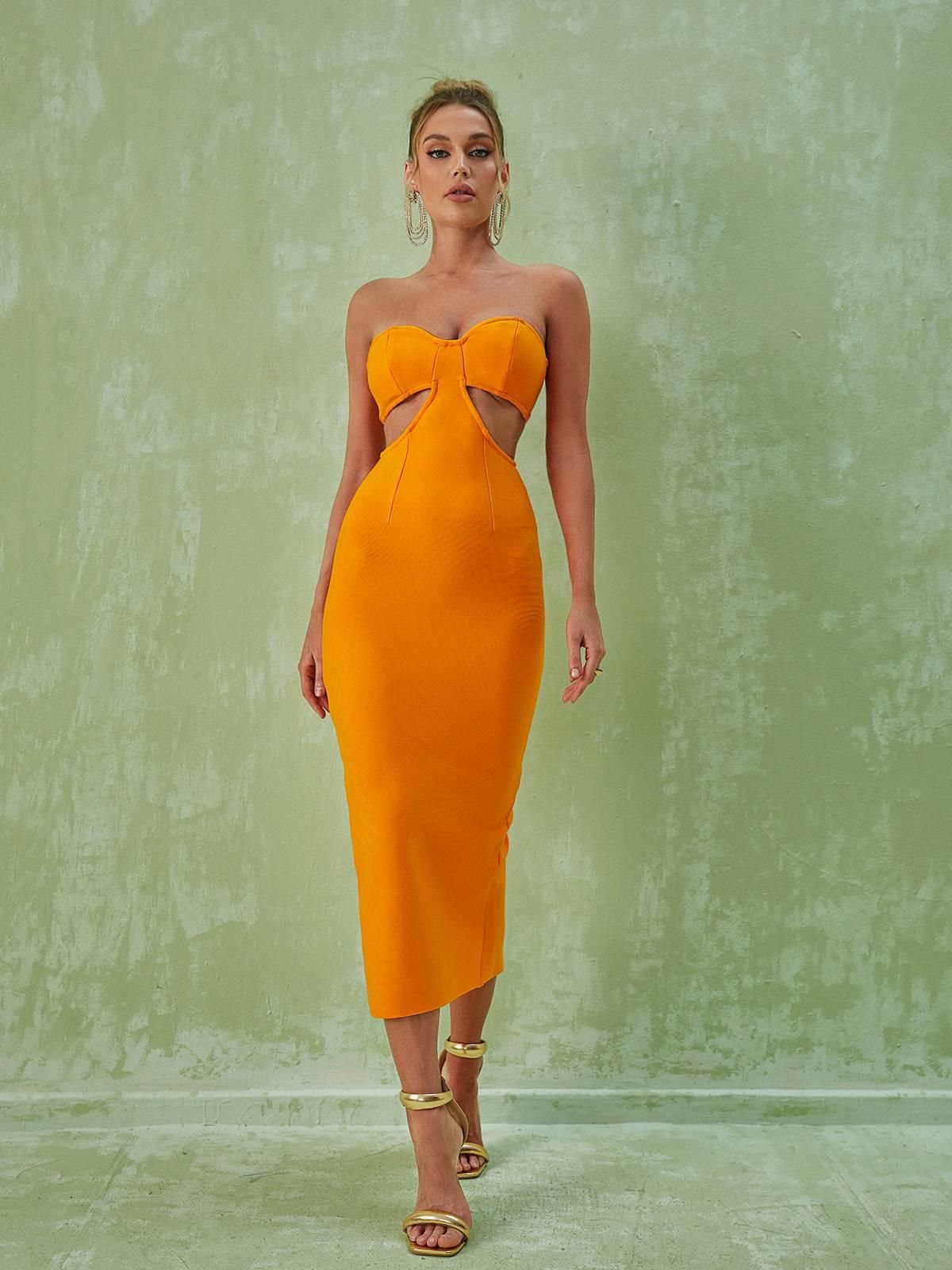Sinead Strapless Cutout Bandage Dress In Orange sold by Mew Mews