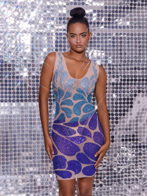 Cairo Crystal Embellished Mini Dress In Light Nude & Blue sold by Mew Mews