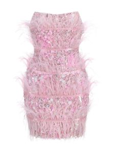 Senara Strapless Sequin Feather Mini Dress sold by Mew Mews