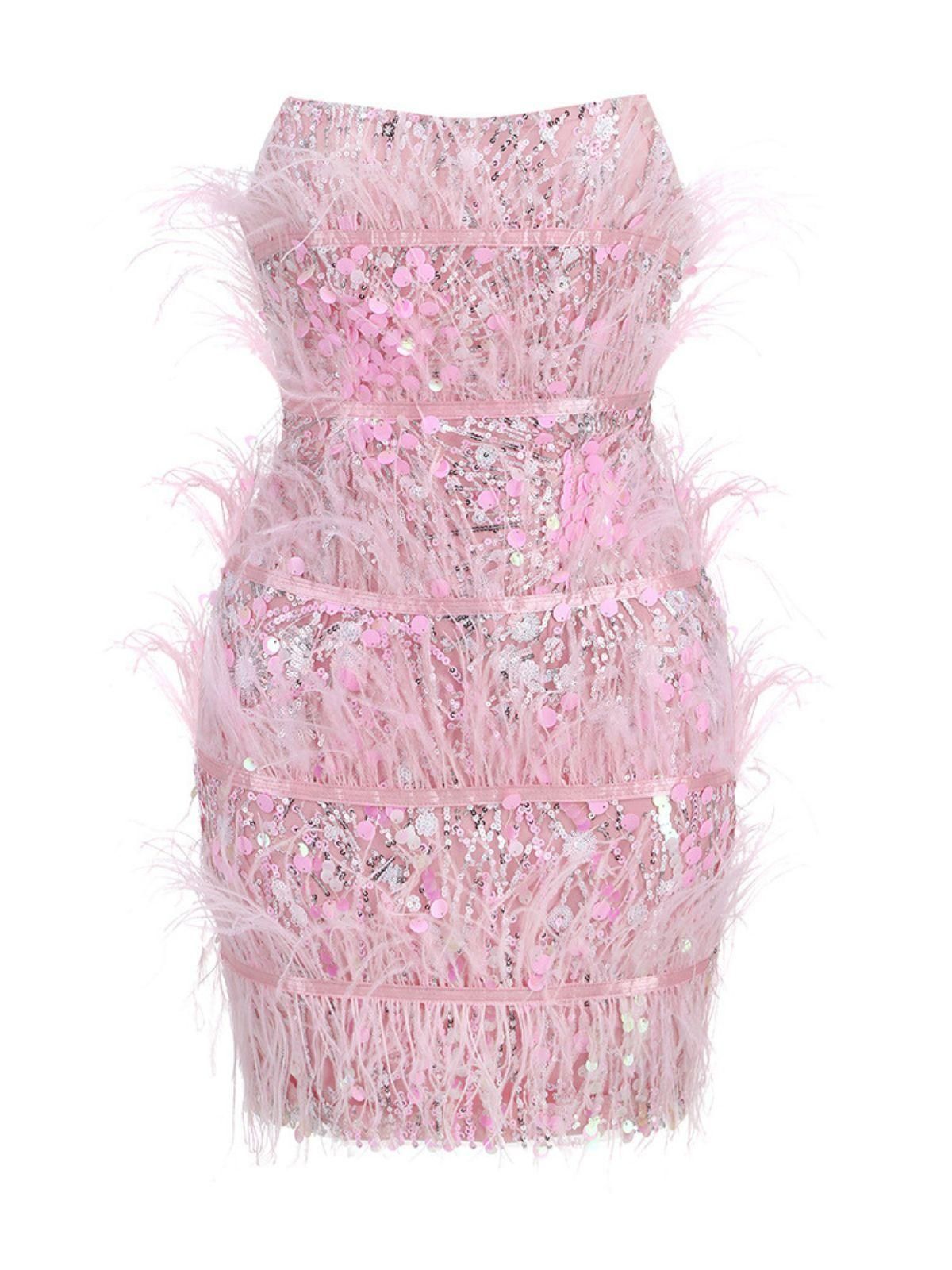 Senara Strapless Sequin Feather Mini Dress sold by Mew Mews product image thumbnail 7