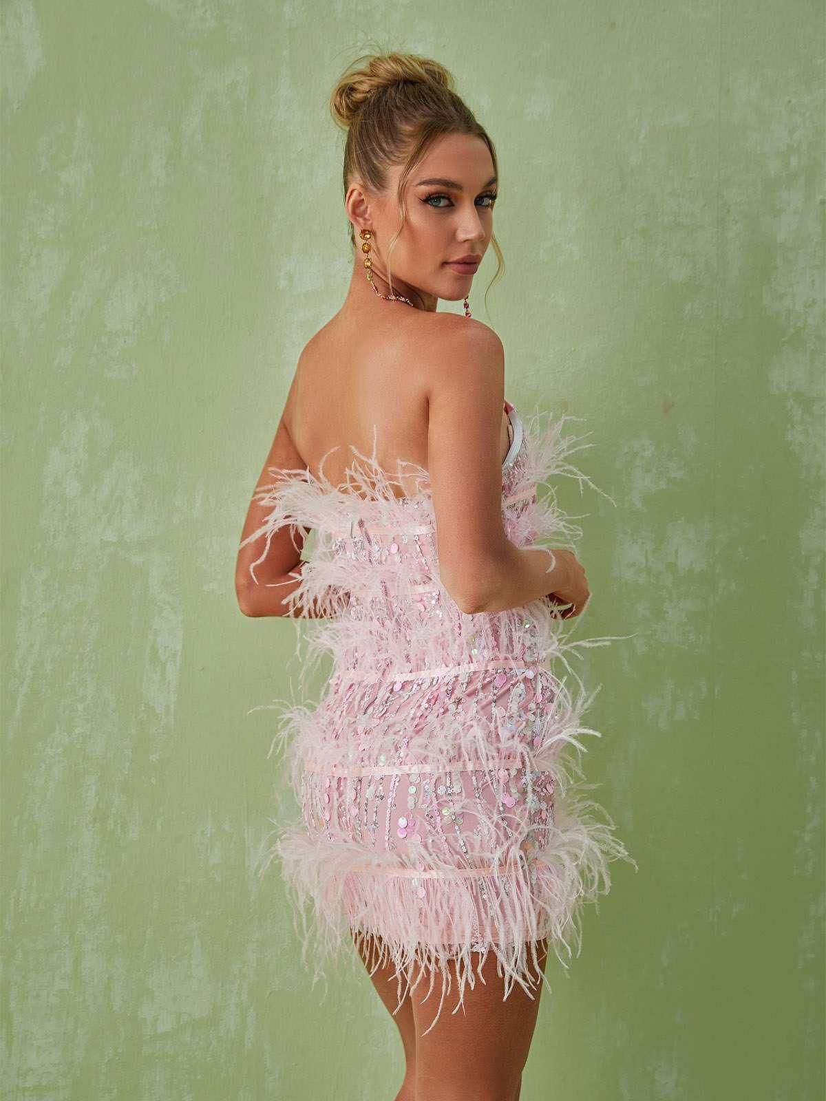 Senara Strapless Sequin Feather Mini Dress sold by Mew Mews product image thumbnail 6