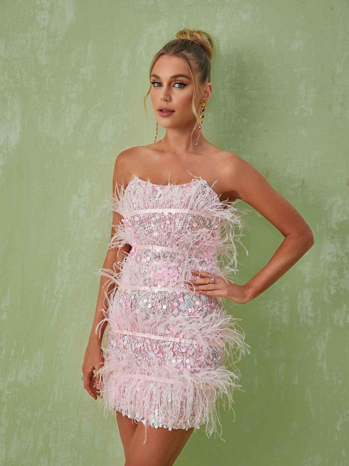 Senara Strapless Sequin Feather Mini Dress sold by Mew Mews