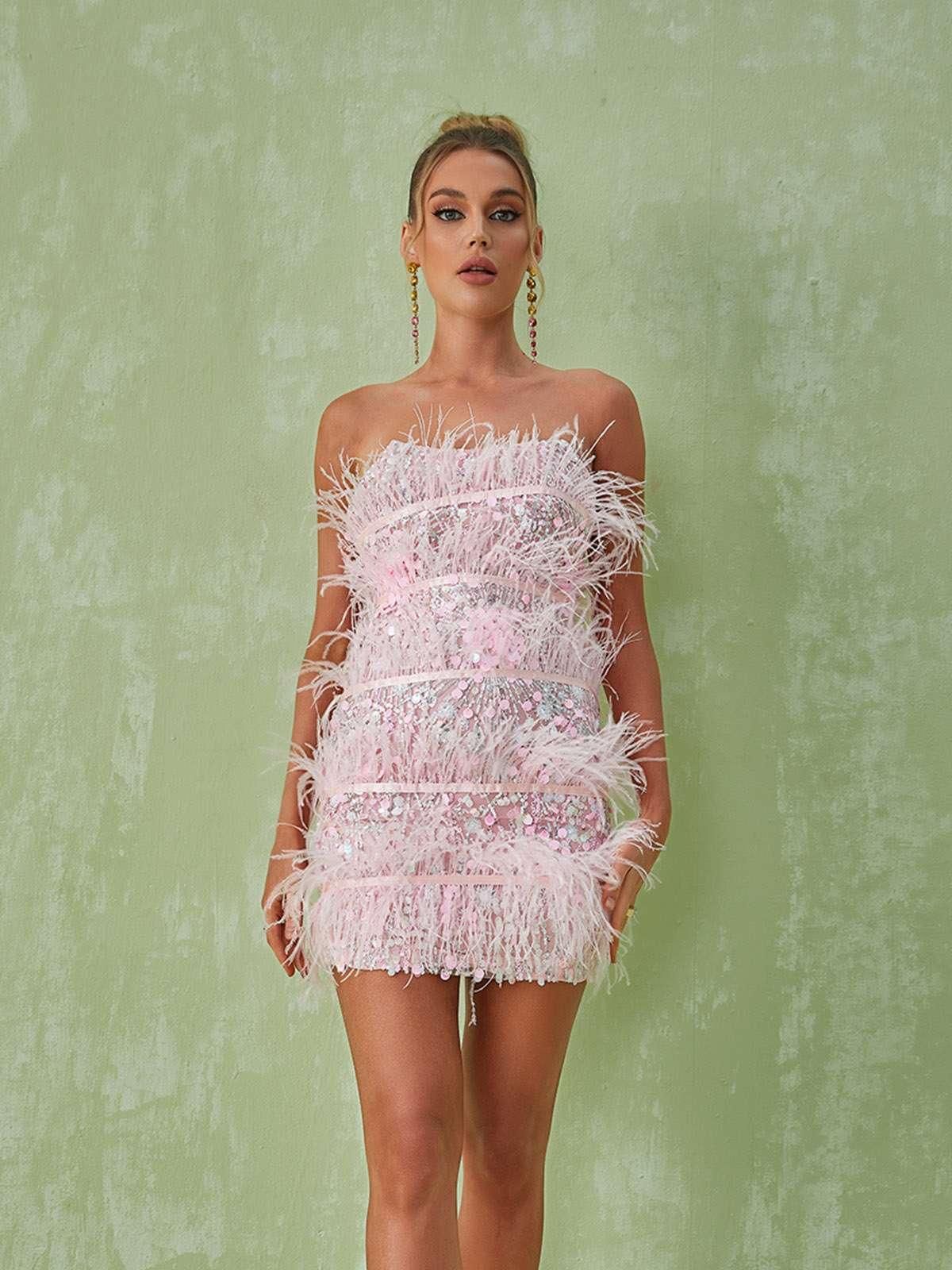 Senara Strapless Sequin Feather Mini Dress sold by Mew Mews product image thumbnail 2