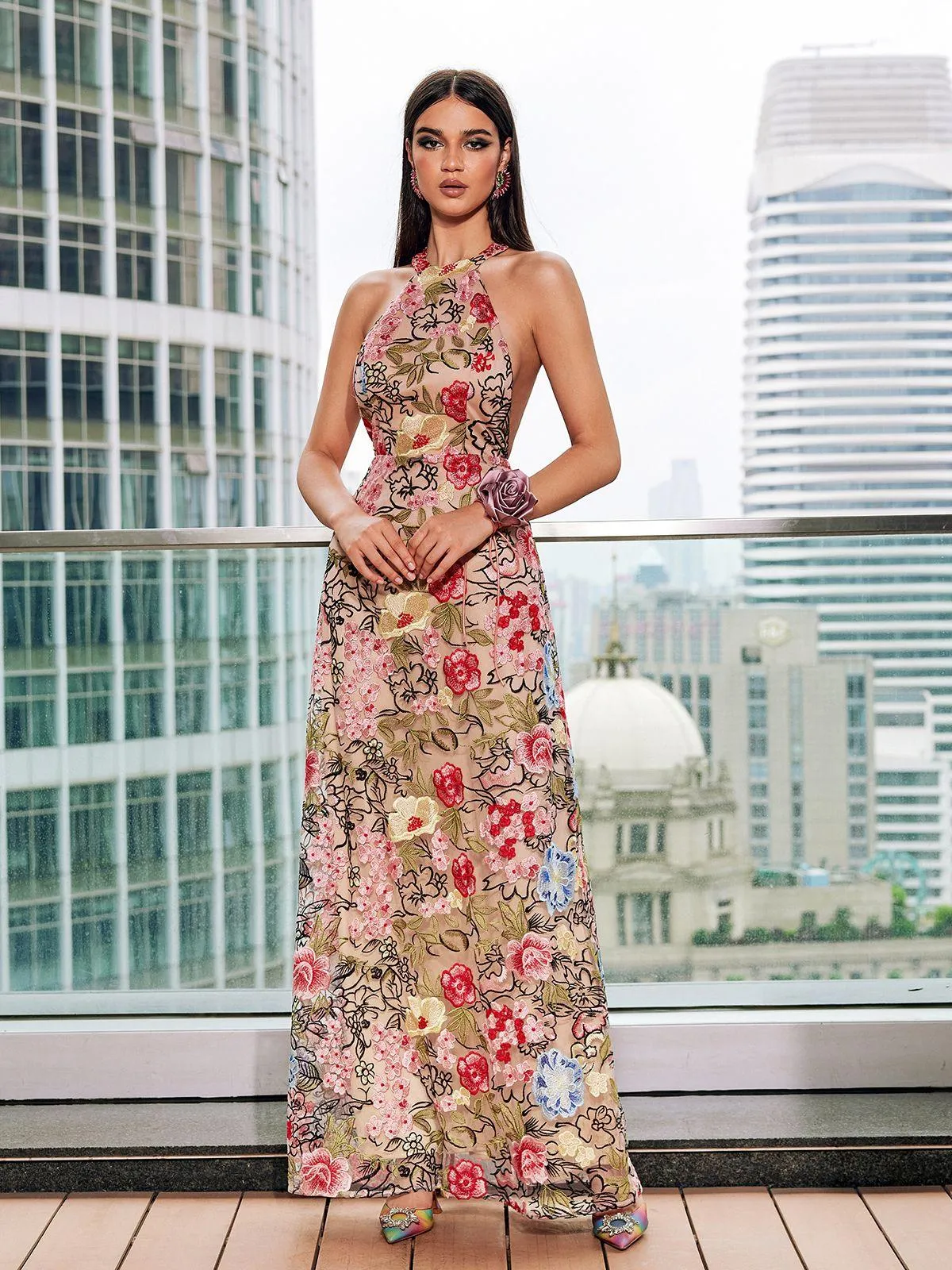 Waner Halterneck Flower Embroidered Maxi Dress sold by Mew Mews product image thumbnail 2