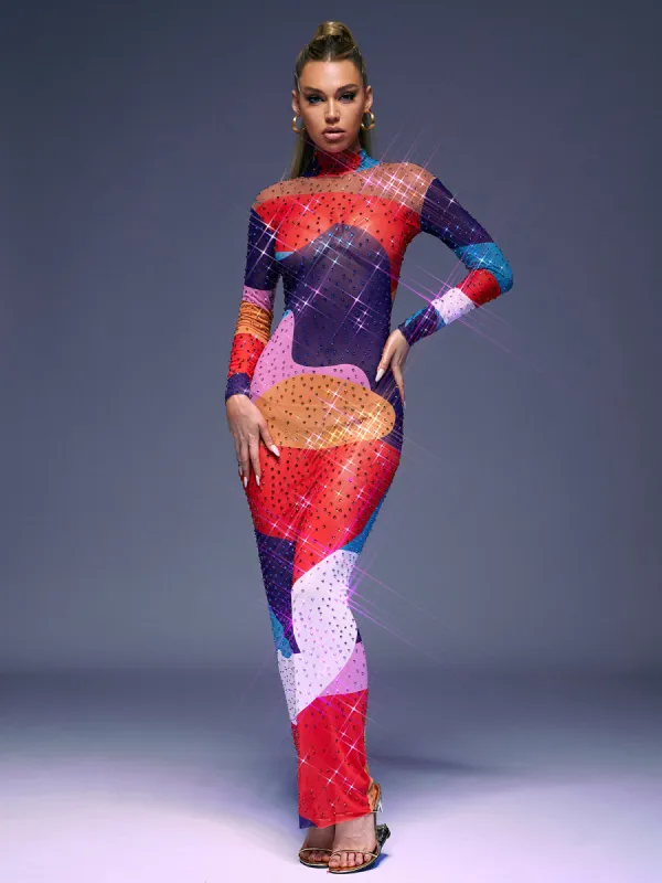 Saanvi Long Sleeve Multi Rhinestone Maxi Dress sold by Mew Mews