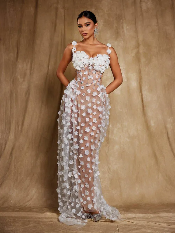 Oksana Spaghetti Flower Corset Maxi Dress In White sold by Mew Mews