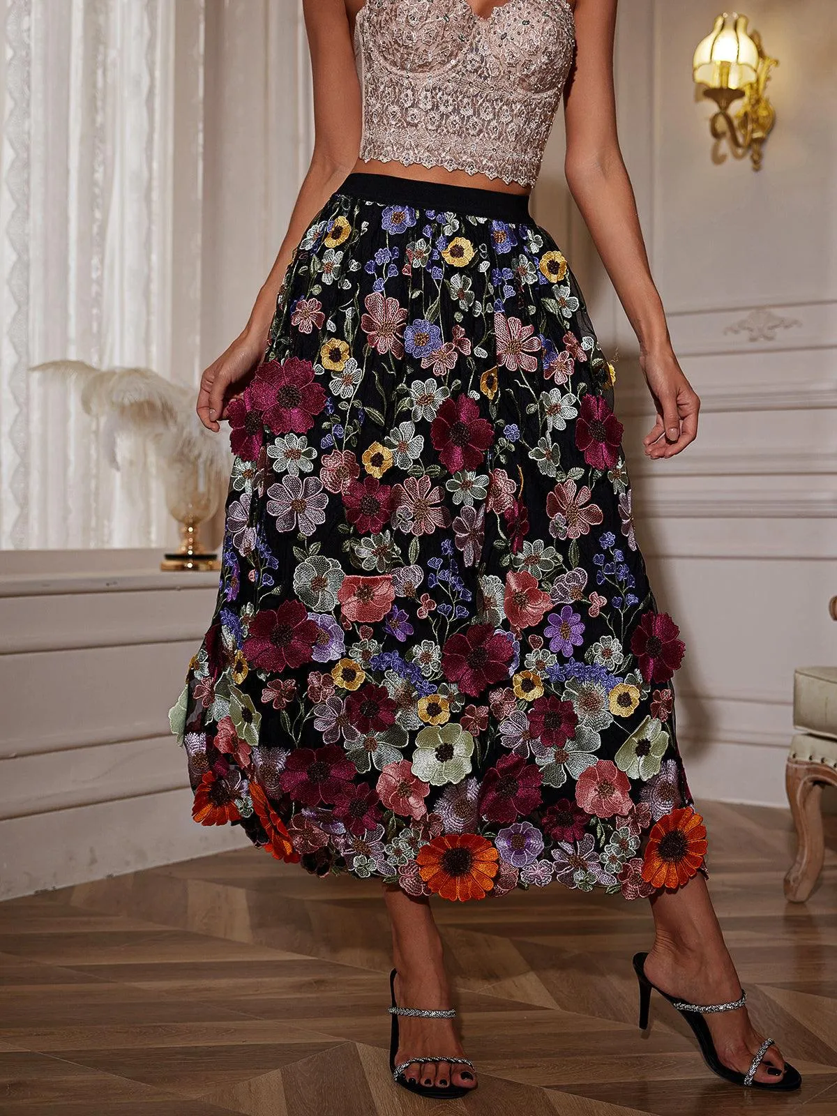Amory Flower Embroidered Skirt In Black sold by Mew Mews product image thumbnail 2