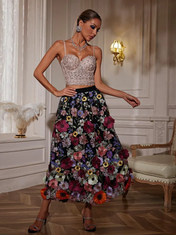 Amory Flower Embroidered Skirt In Black sold by Mew Mews