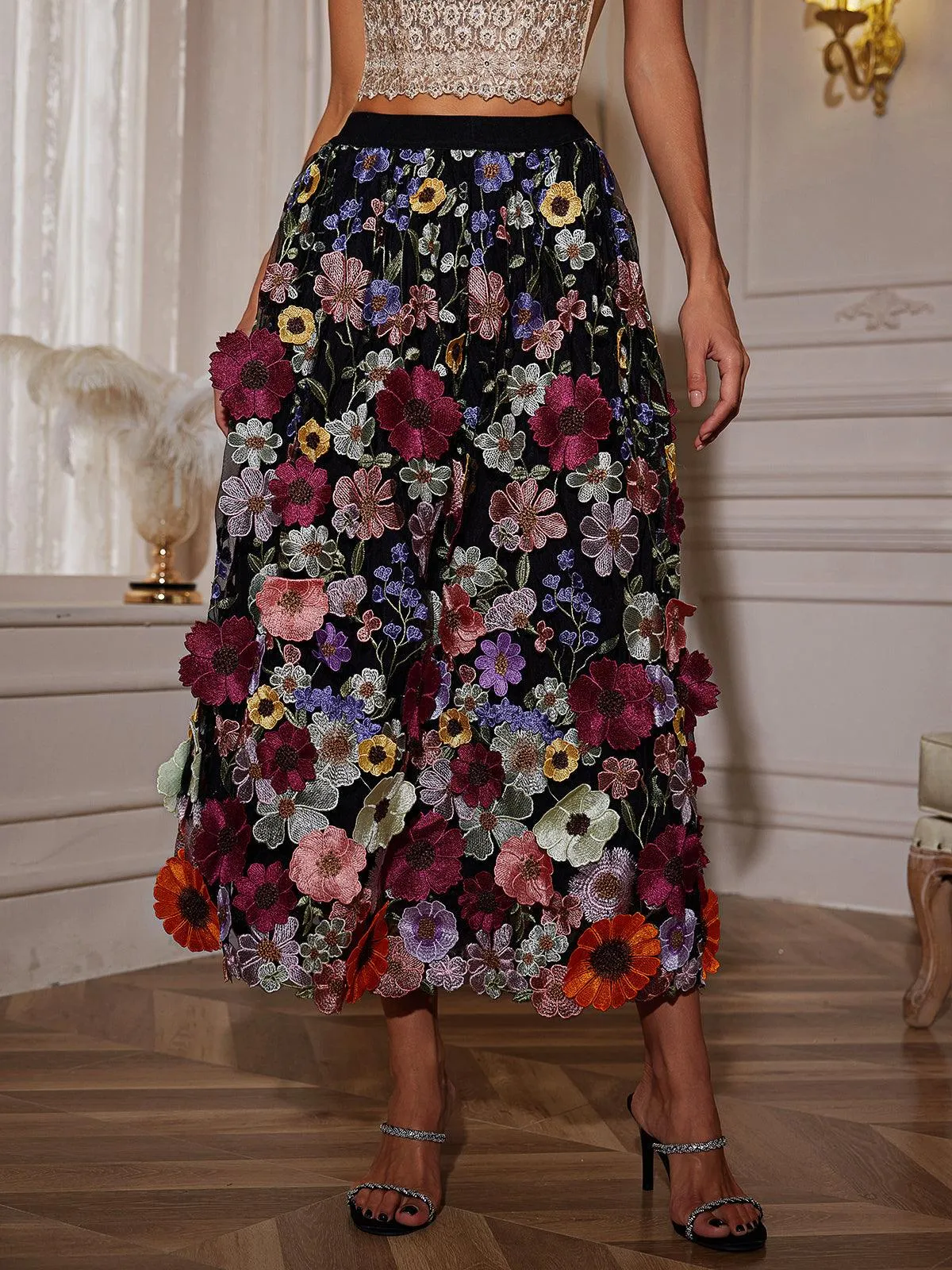 Amory Flower Embroidered Skirt In Black sold by Mew Mews product image thumbnail 5