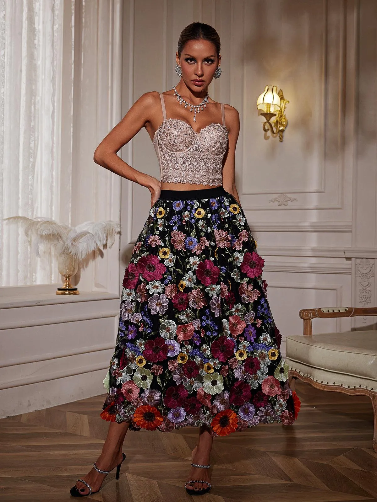 Amory Flower Embroidered Skirt In Black sold by Mew Mews product image thumbnail 4