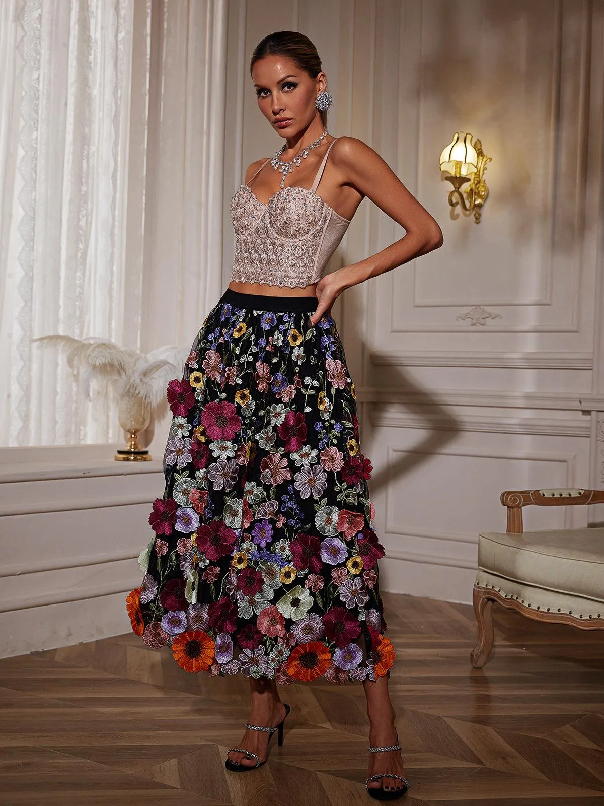 Amory Flower Embroidered Skirt In Black sold by Mew Mews product image thumbnail 3