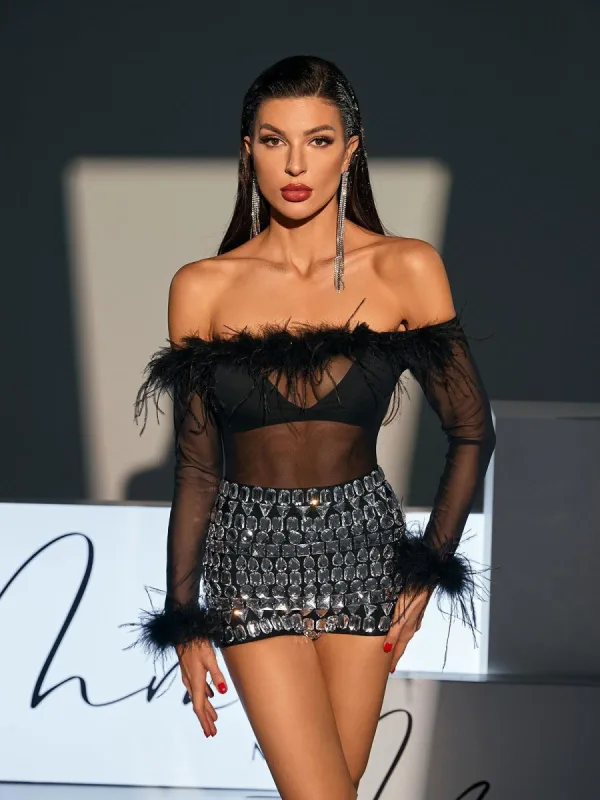 Eamon Off Shoulder Feather Mesh Bodysuit sold by Mew Mews