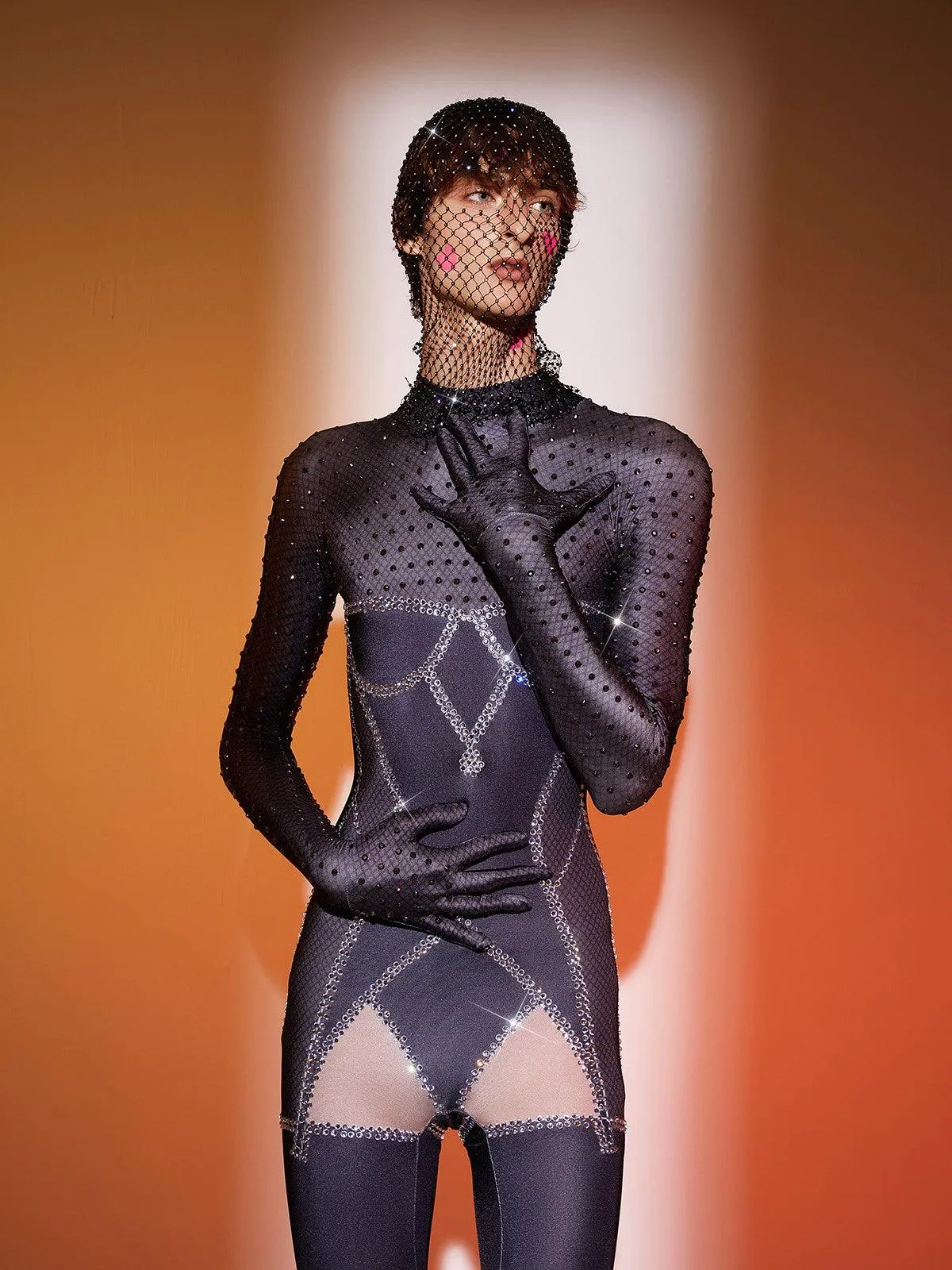 Isaias Body Printed Rhinestone Gloves Jumpsuit sold by Mew Mews product image thumbnail 4