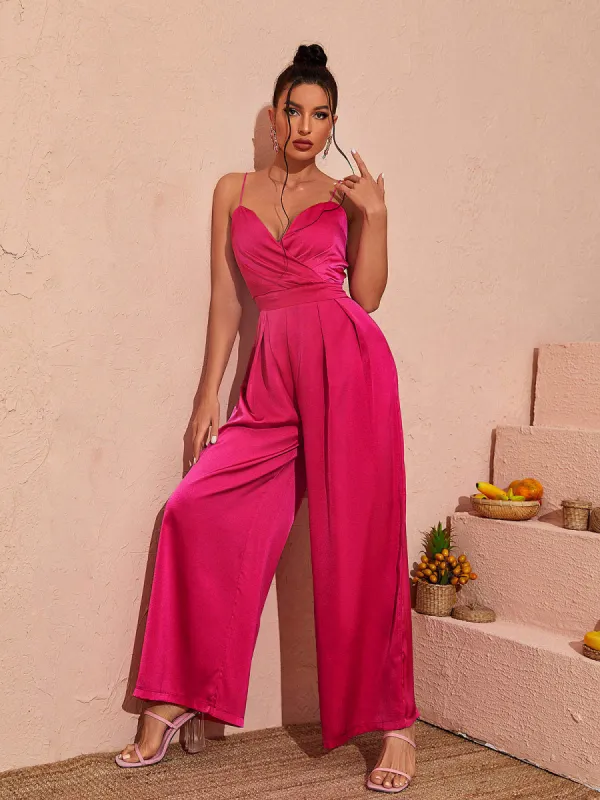 Zariyah Satin V Neck Jumpsuit In Hot Pink sold by Mew Mews
