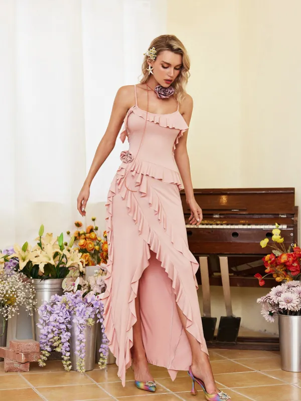 Oslo Spaghetti Flower Ruffle Maxi Dress made by Mew Mews