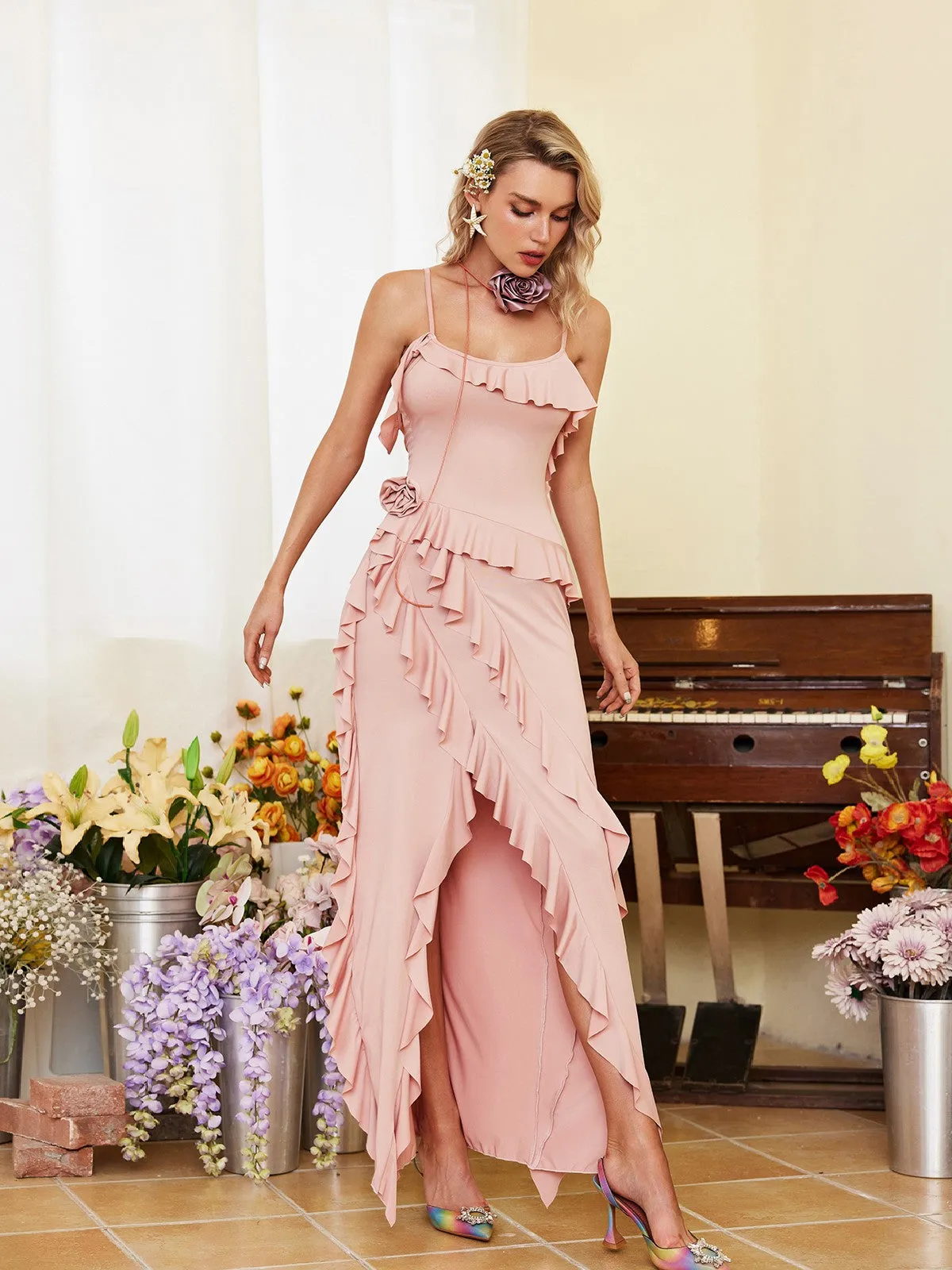 Oslo Spaghetti Flower Ruffle Maxi Dress sold by Mew Mews