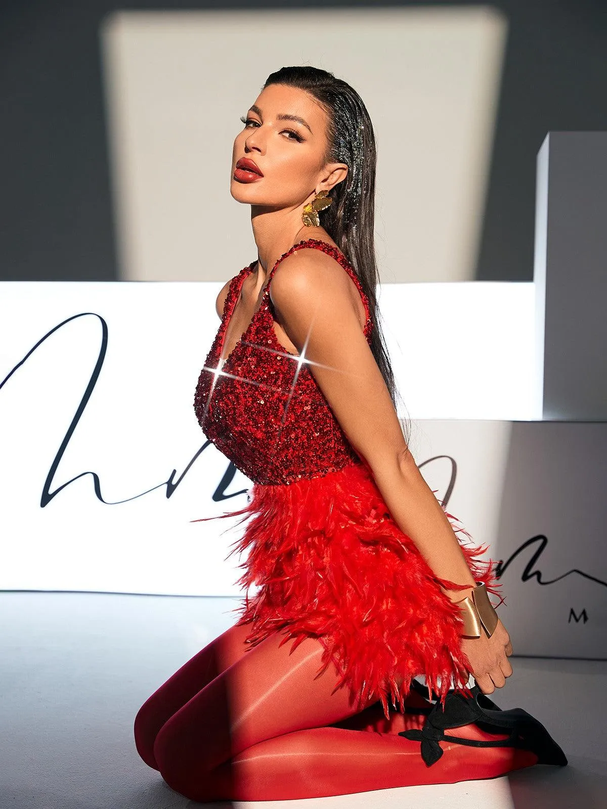 Malachi Sequin Feather Mini Dress In Red sold by Mew Mews product image thumbnail 2