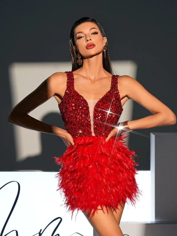 Malachi Sequin Feather Mini Dress In Red sold by Mew Mews