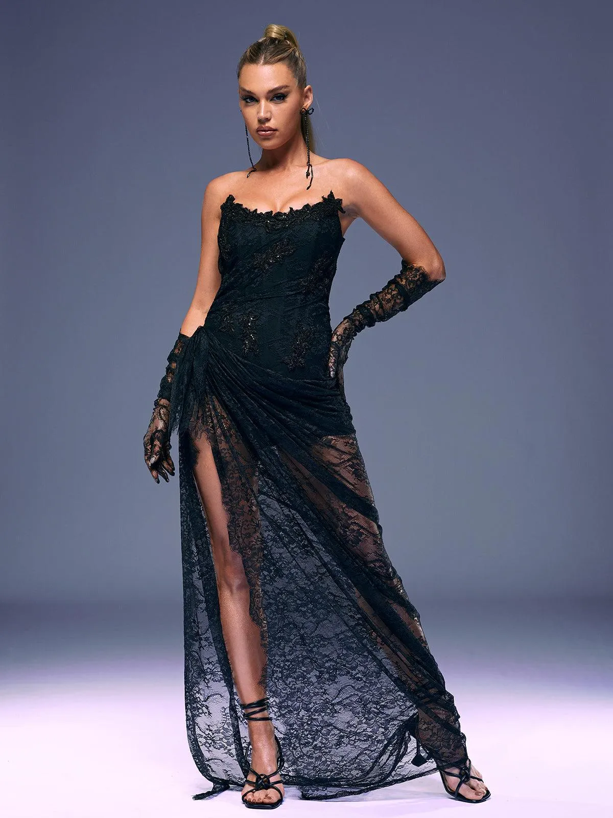 Nazia Strapless Lace Maxi Dress With Gloves sold by Mew Mews