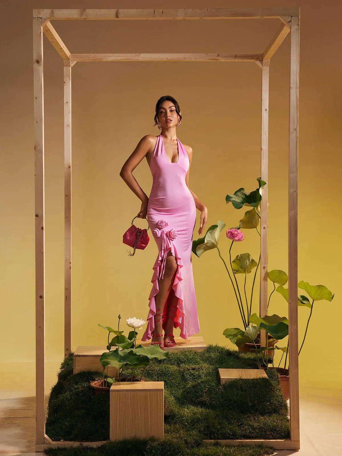 Alara Halterneck Flower Ruffle Maxi Dress In Pink sold by Mew Mews product image thumbnail 5