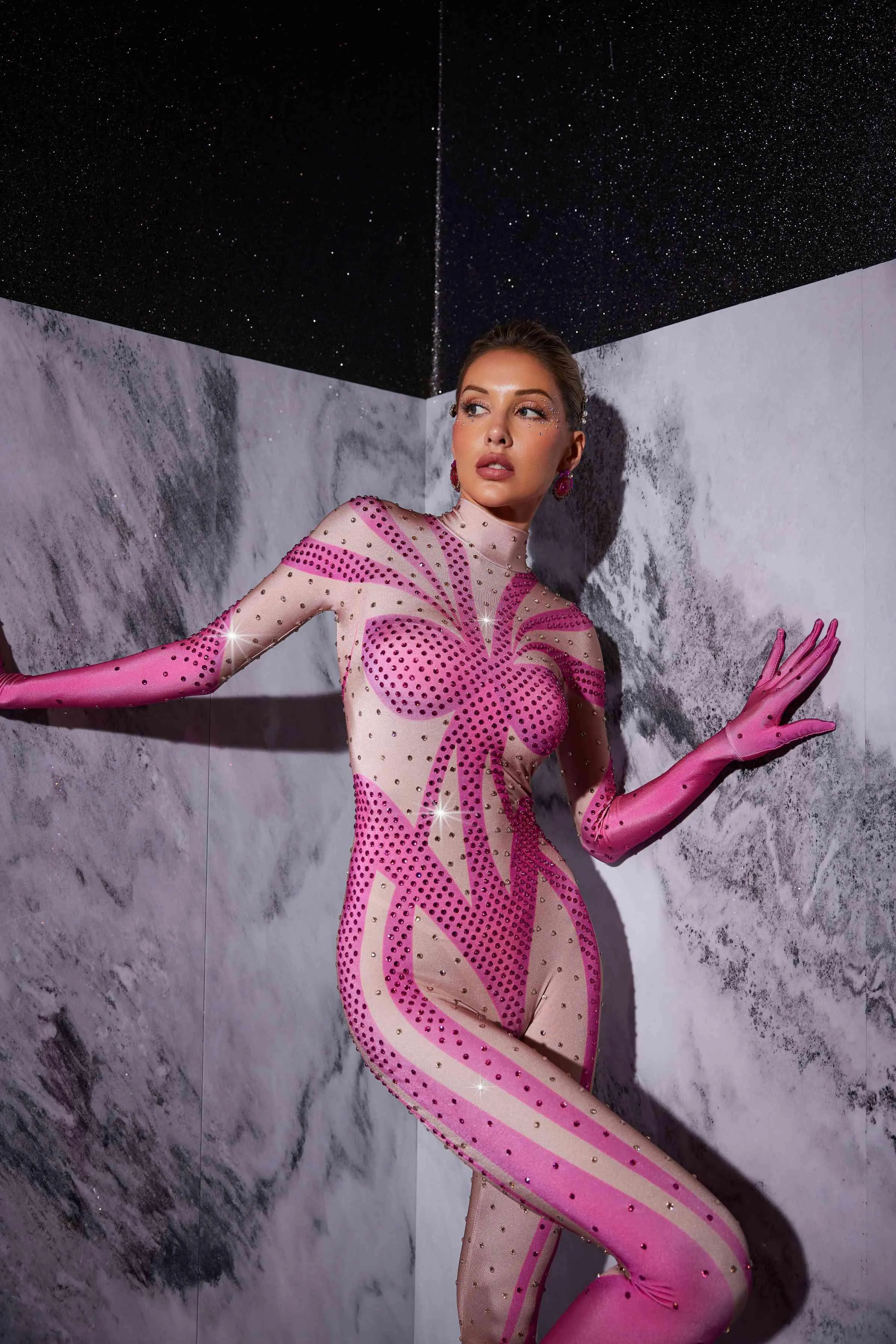 Fabian Rhinestone Printed Gloves Jumpsuit sold by Mew Mews product image thumbnail 4