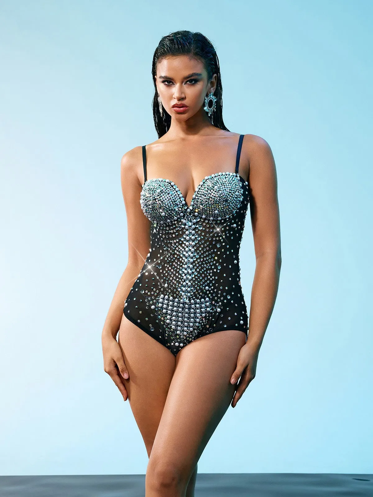 Ziga Spaghetti Rhinestone Mesh Bodysuit sold by Mew Mews product image thumbnail 3