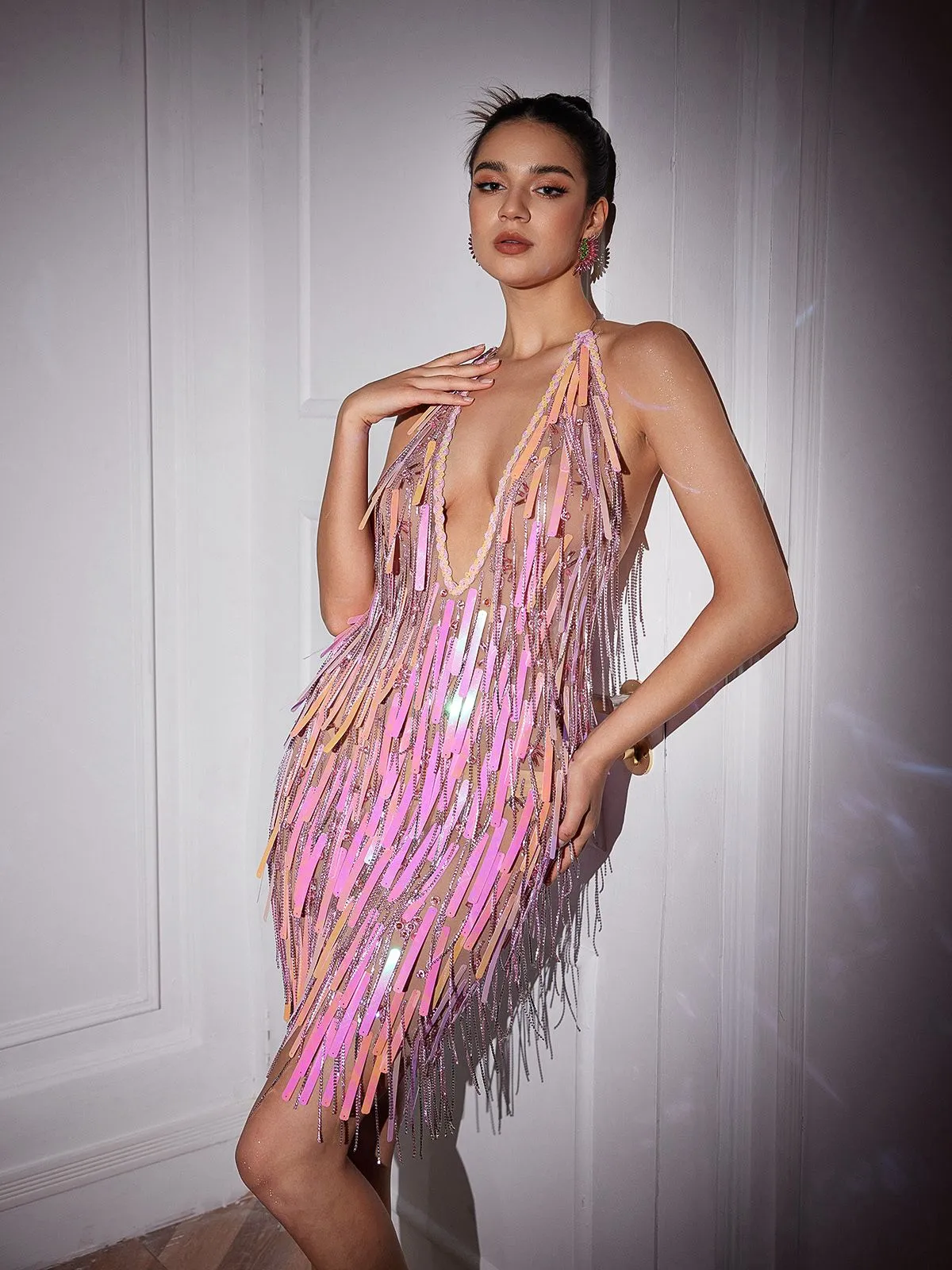 Taryn V Neck Crystal Chain Fringe Mini Dress sold by Mew Mews product image thumbnail 5