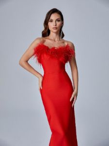 Mina Strapless Feather Trimmed Bandage Dress In Red sold by Mew Mews
