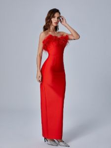 Mina Strapless Feather Trimmed Bandage Dress In Red sold by Mew Mews