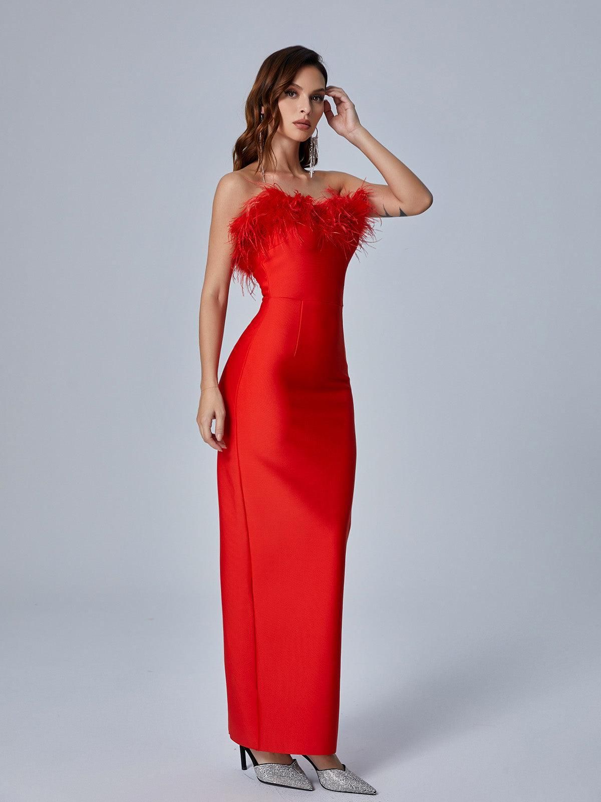 Mina Strapless Feather Trimmed Bandage Dress In Red sold by Mew Mews product image thumbnail 5