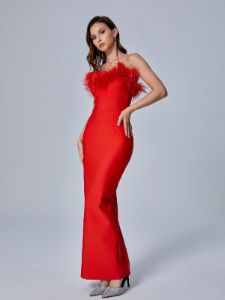 Mina Strapless Feather Trimmed Bandage Dress In Red sold by Mew Mews