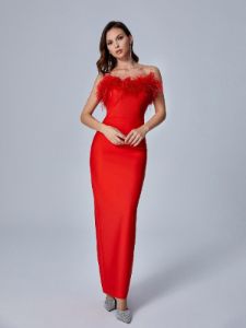 Mina Strapless Feather Trimmed Bandage Dress In Red sold by Mew Mews