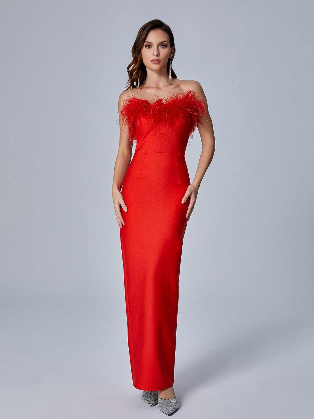 Mina Strapless Feather Trimmed Bandage Dress In Red sold by Mew Mews