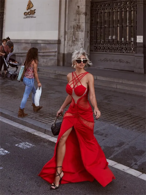 Saffron Cross Straps Split Maxi Dress In Red sold by Mew Mews