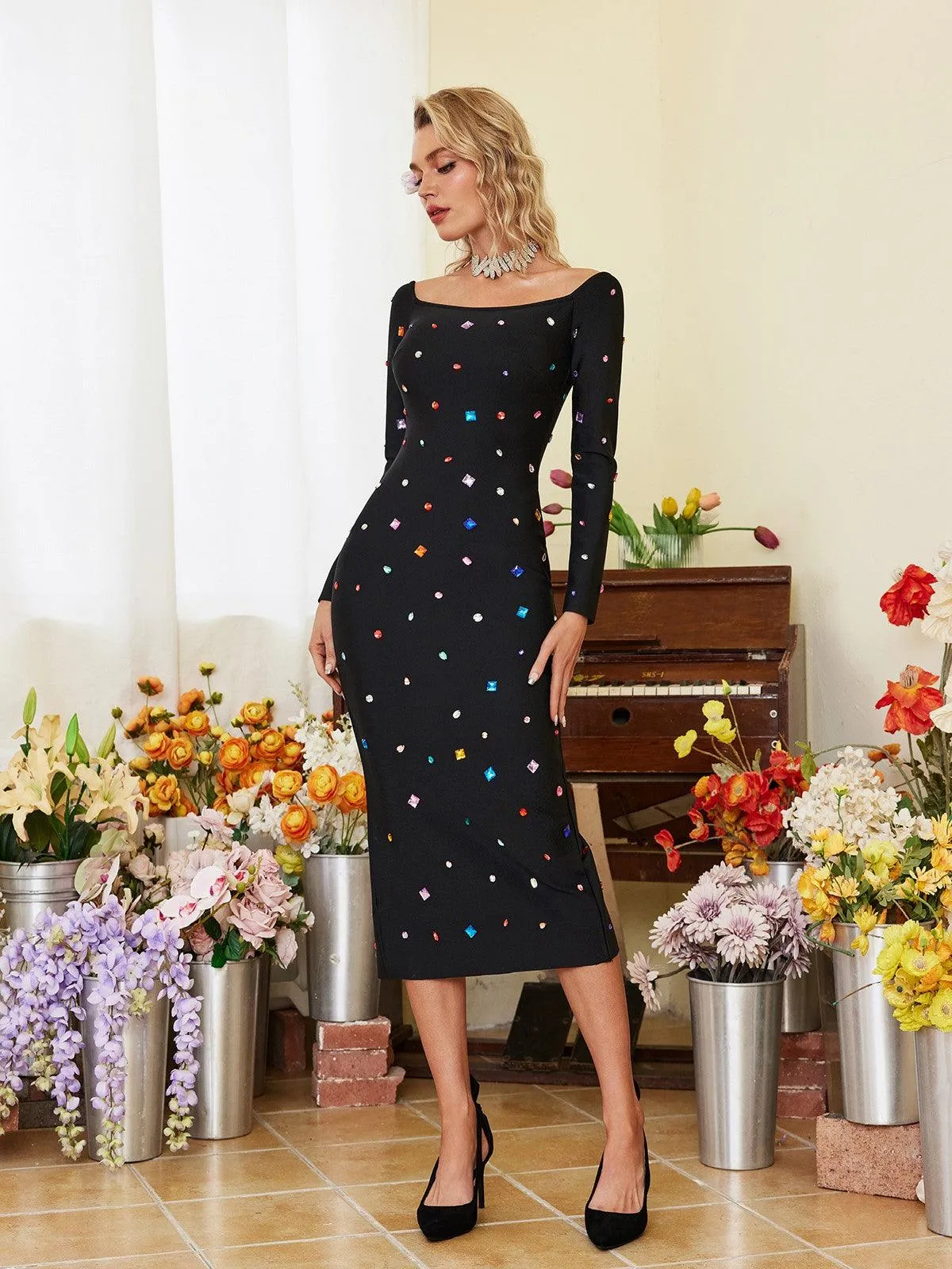 Day Long Sleeve Rhinestone Bandage Dress sold by Mew Mews product image thumbnail 4