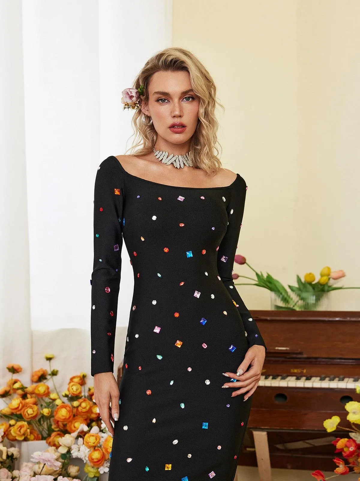 Day Long Sleeve Rhinestone Bandage Dress sold by Mew Mews product image thumbnail 3