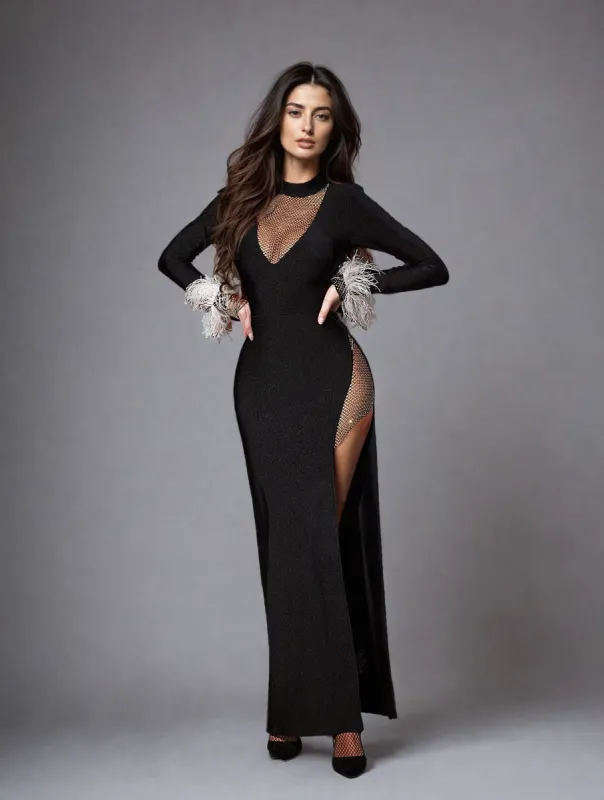 Drusilla Long Sleeve Feather Split Bandage Dress In Black sold by Mew Mews