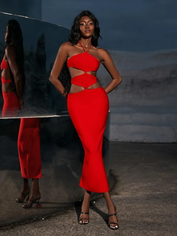 Hedwig Cutout High Split Bandage Dress In Red sold by Mew Mews
